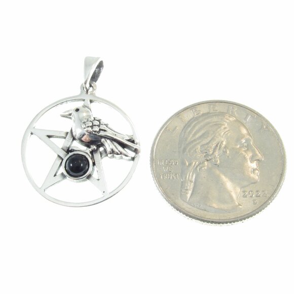 Solid 925 Sterling Silver & Black Onyx Wiccan Raven Pentacle Pentagram Pendant - Picture 5 of 9